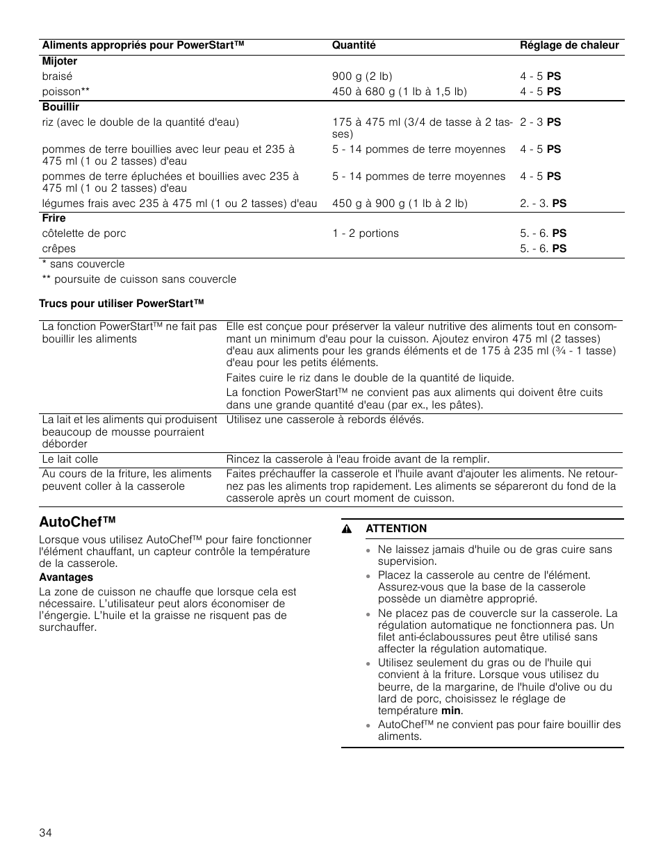 Trucs pour utiliser powerstart, Autochef, Avantages | 9 attention | Bosch NETP666SUC User Manual | Page 34 / 68