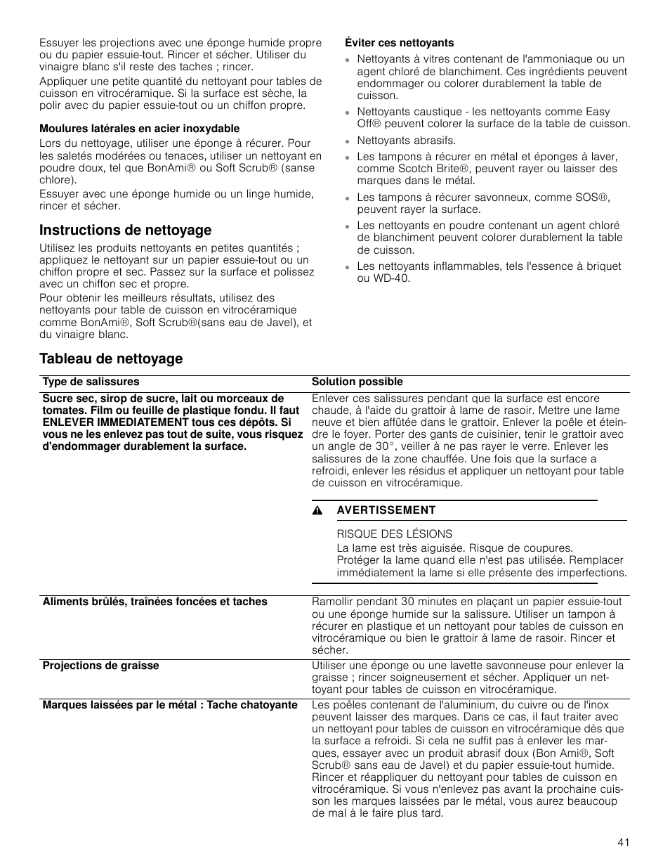 Moulures latérales en acier inoxydable, Instructions de nettoyage, Éviter ces nettoyants | Tableau de nettoyage, Risque des lésions, Instructions de nettoyage tableau de nettoyage | Bosch NETP666SUC User Manual | Page 41 / 68