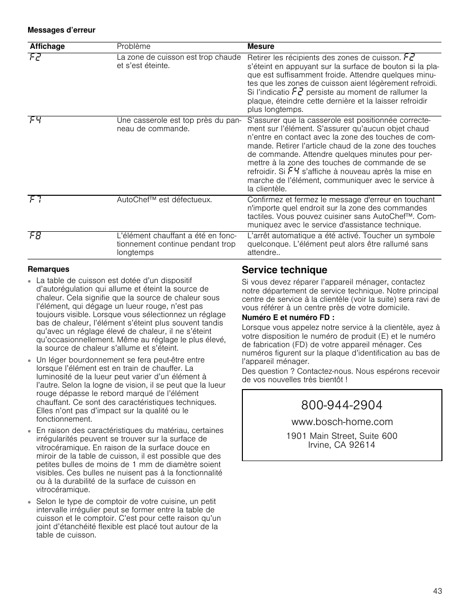 Messages d’erreur, Remarques, Service technique | Numéro e et numéro fd, Zzzervfkkrphfrp | Bosch NETP666SUC User Manual | Page 43 / 68