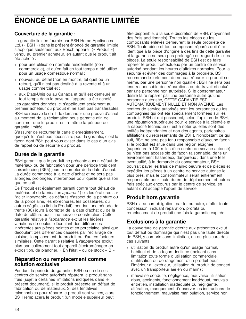 Énoncé de la garantie limitée, Couverture de la garantie, Durée de la garantie | Produit hors garantie, Exclusions à la garantie | Bosch NETP666SUC User Manual | Page 44 / 68