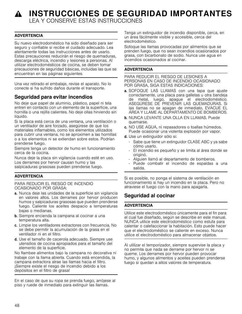 Instrucciones de seguridad importantes, Lea y conserve estas instrucciones, Advertencia | Seguridad para evitar incendios, D. use un extinguidor sólo si, Seguridad al cocinar, Nunca levante una olla en llamas. puede quemarse | Bosch NETP666SUC User Manual | Page 48 / 68