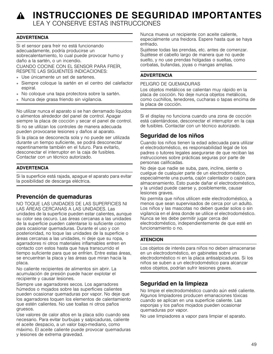 Advertencia, Prevención de quemaduras, Peligro de quemaduras | Seguridad de los niños, Atencion, Seguridad en la limpieza, No use limpiadores a vapor para limpiar el aparato, Instrucciones de seguridad importantes, Lea y conserve estas instrucciones | Bosch NETP666SUC User Manual | Page 49 / 68