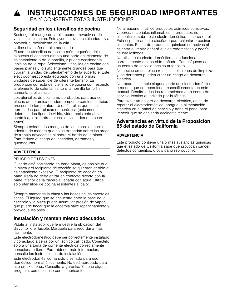 Seguridad en los utensilios de cocina, Advertencia, Peligro de lesiones | Instalación y mantenimiento adecuados, Del estado de california, Instrucciones de seguridad importantes, Lea y conserve estas instrucciones | Bosch NETP666SUC User Manual | Page 50 / 68