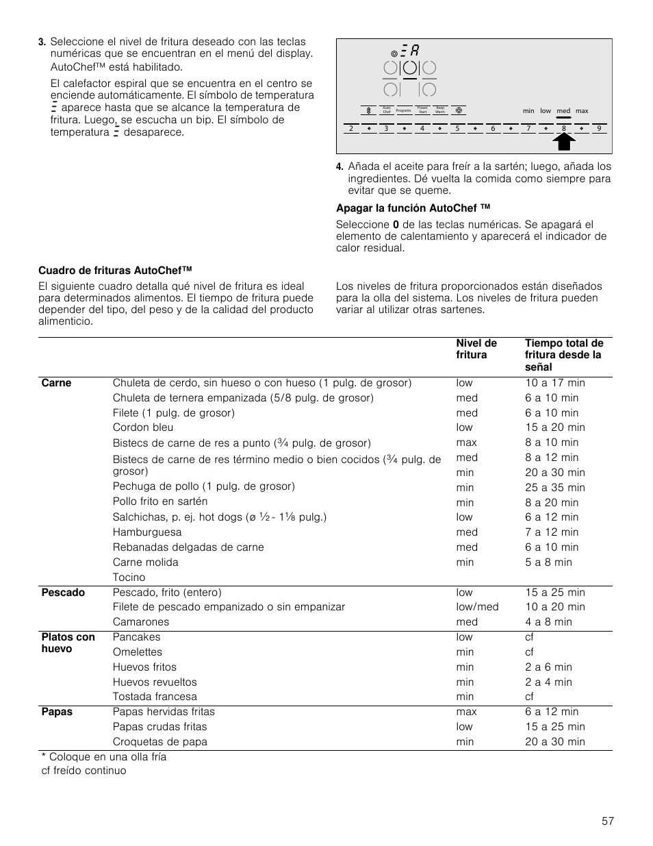 Autochef™ está habilitado, Apagar la función autochef, Cuadro de frituras autochef | Bosch NETP666SUC User Manual | Page 57 / 68