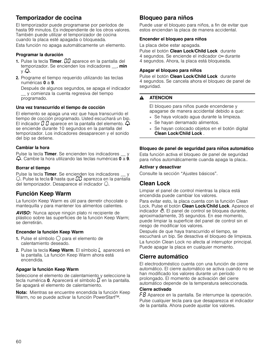 Temporizador de cocina, Programar la duración, Una vez transcurrido el tiempo de cocción | Cambiar la hora, Borrar el tiempo, Función keep warm, Aviso, Encender la función keep warm, Apagar la función keep warm, Nota | Bosch NETP666SUC User Manual | Page 60 / 68