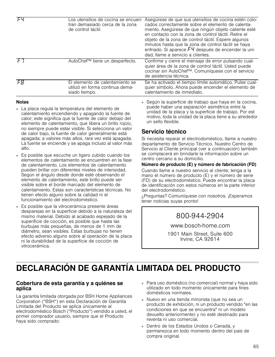 Notas, Servicio técnico, Declaración de garantía limitada del producto | Cobertura de esta garantía y a quiénes se aplica, O cobertura de esta garantía y a quiénes se aplica, Zzzervfkkrphfrp | Bosch NETP666SUC User Manual | Page 65 / 68