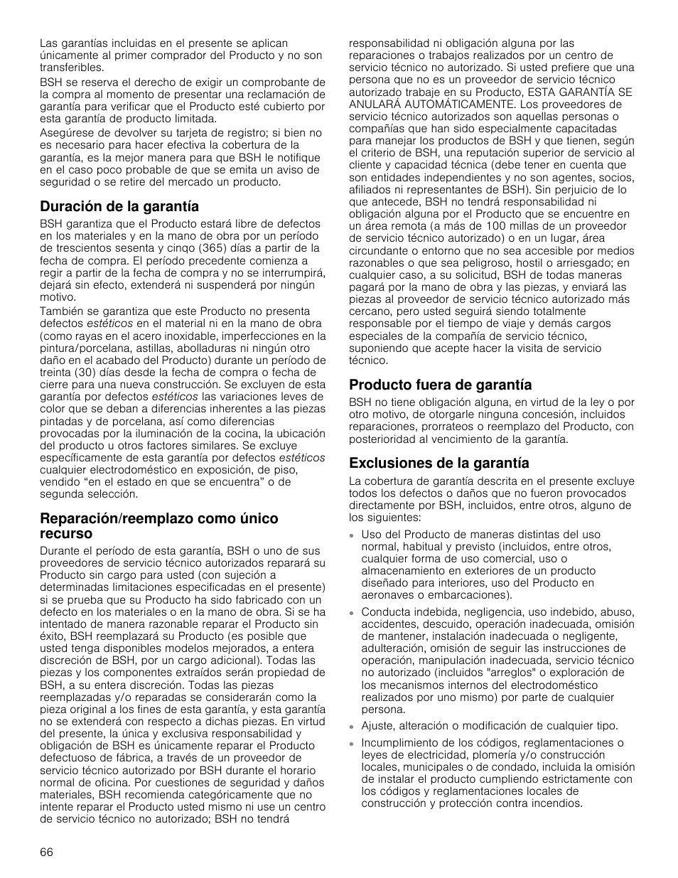 Duración de la garantía, Reparación/reemplazo como único recurso, Producto fuera de garantía | Exclusiones de la garantía | Bosch NETP666SUC User Manual | Page 66 / 68