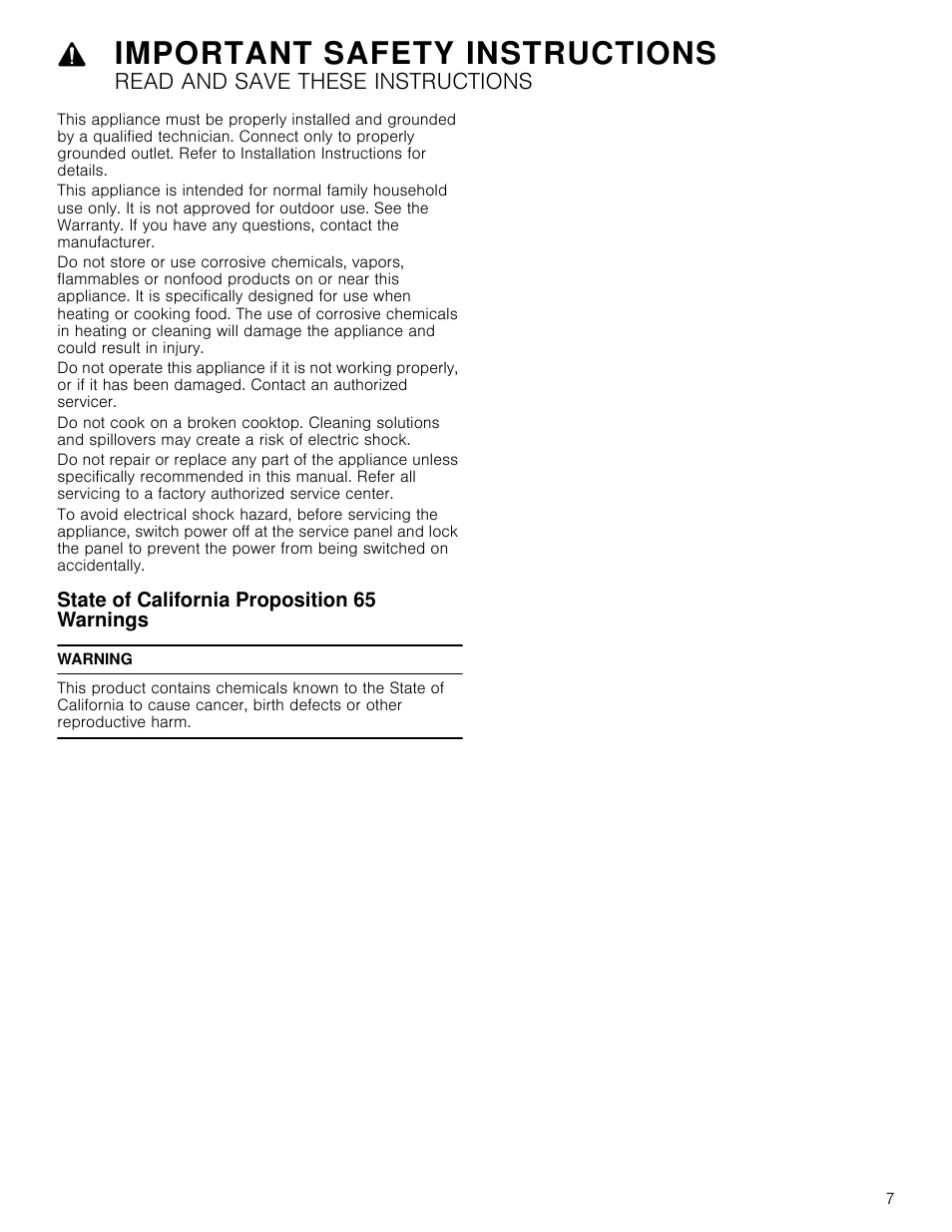 State of california proposition 65 warnings, Warning, Important safety instructions | Read and save these instructions | Bosch NETP666SUC User Manual | Page 7 / 68