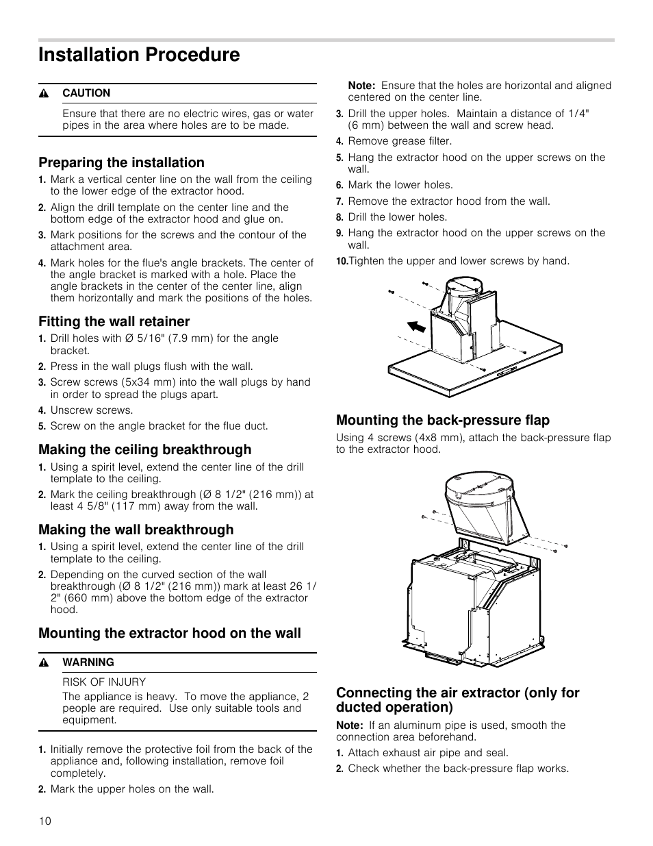 Installation procedure, 9 caution, Preparing the installation | Fitting the wall retainer, Press in the wall plugs flush with the wall, Unscrew screws, Screw on the angle bracket for the flue duct, Making the ceiling breakthrough, Making the wall breakthrough, Mounting the extractor hood on the wall | Bosch HCB50651UC User Manual | Page 10 / 40