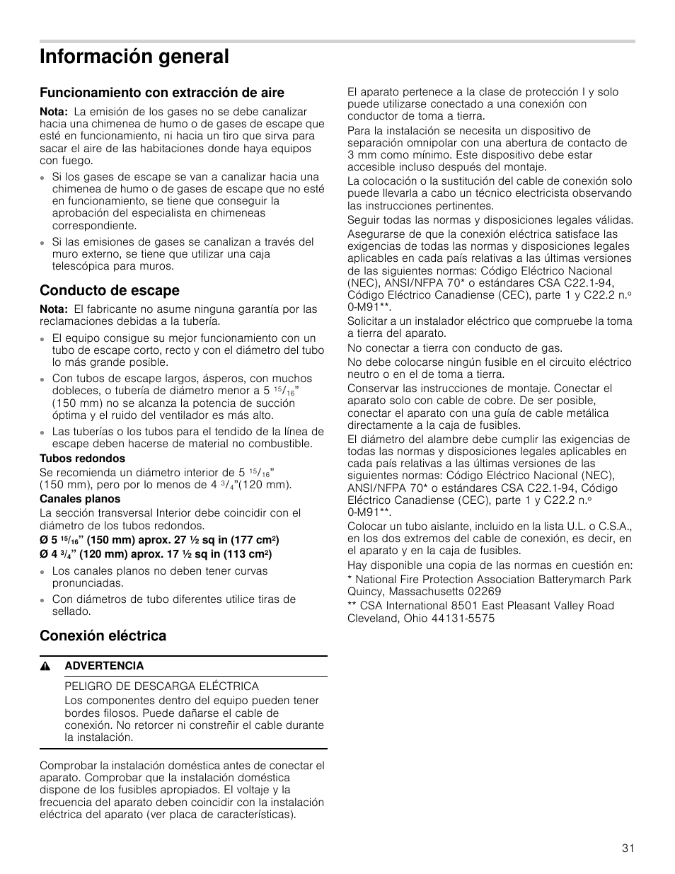 Información general, Funcionamiento con extracción de aire, Nota | Conducto de escape, Conexión eléctrica, 9 advertencia, Peligro de descarga eléctrica | Bosch HCB50651UC User Manual | Page 31 / 40