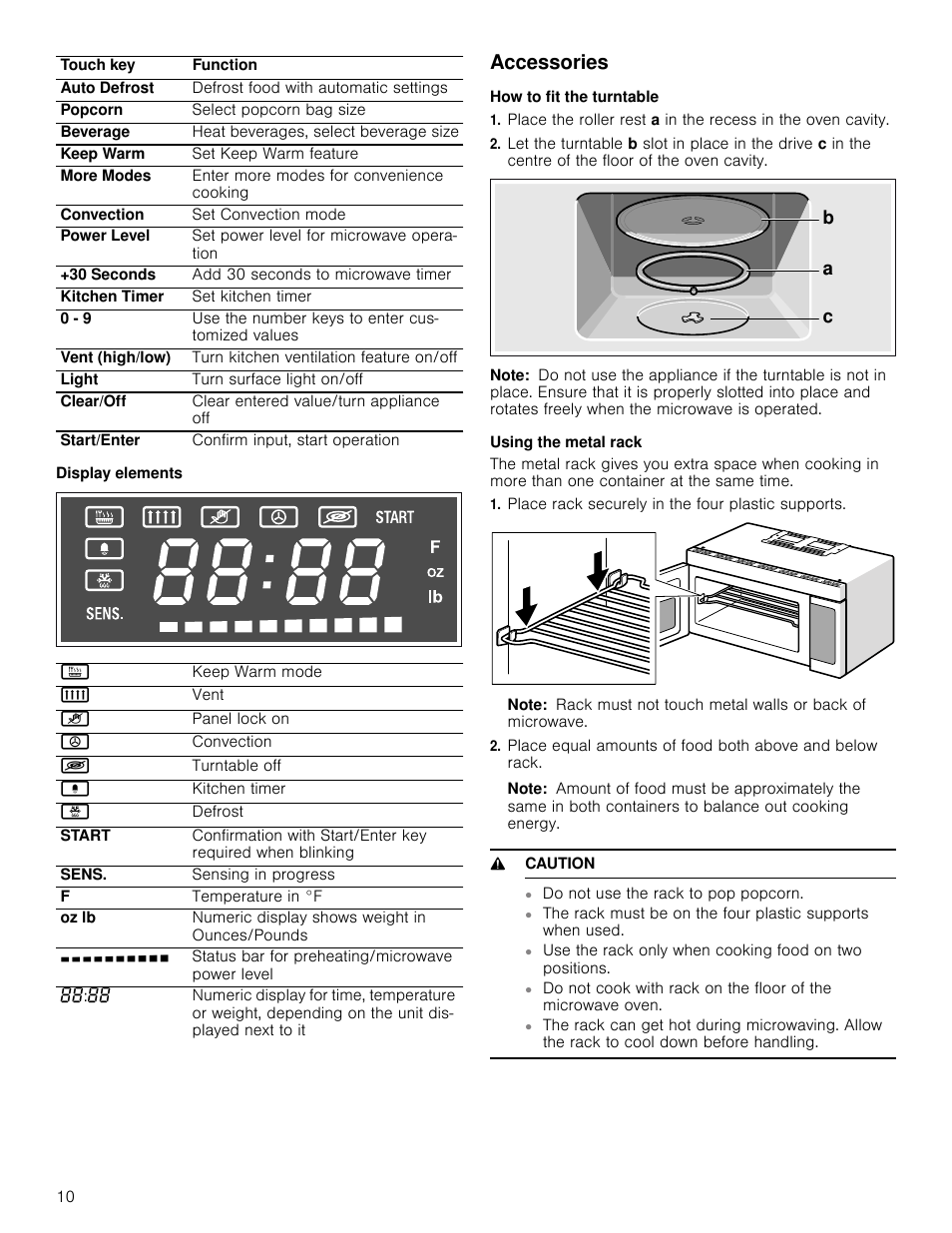 Display elements, Accessories, How to fit the turntable | Note, Using the metal rack, Place rack securely in the four plastic supports, 9 caution | Bosch HMV8052U User Manual | Page 10 / 60