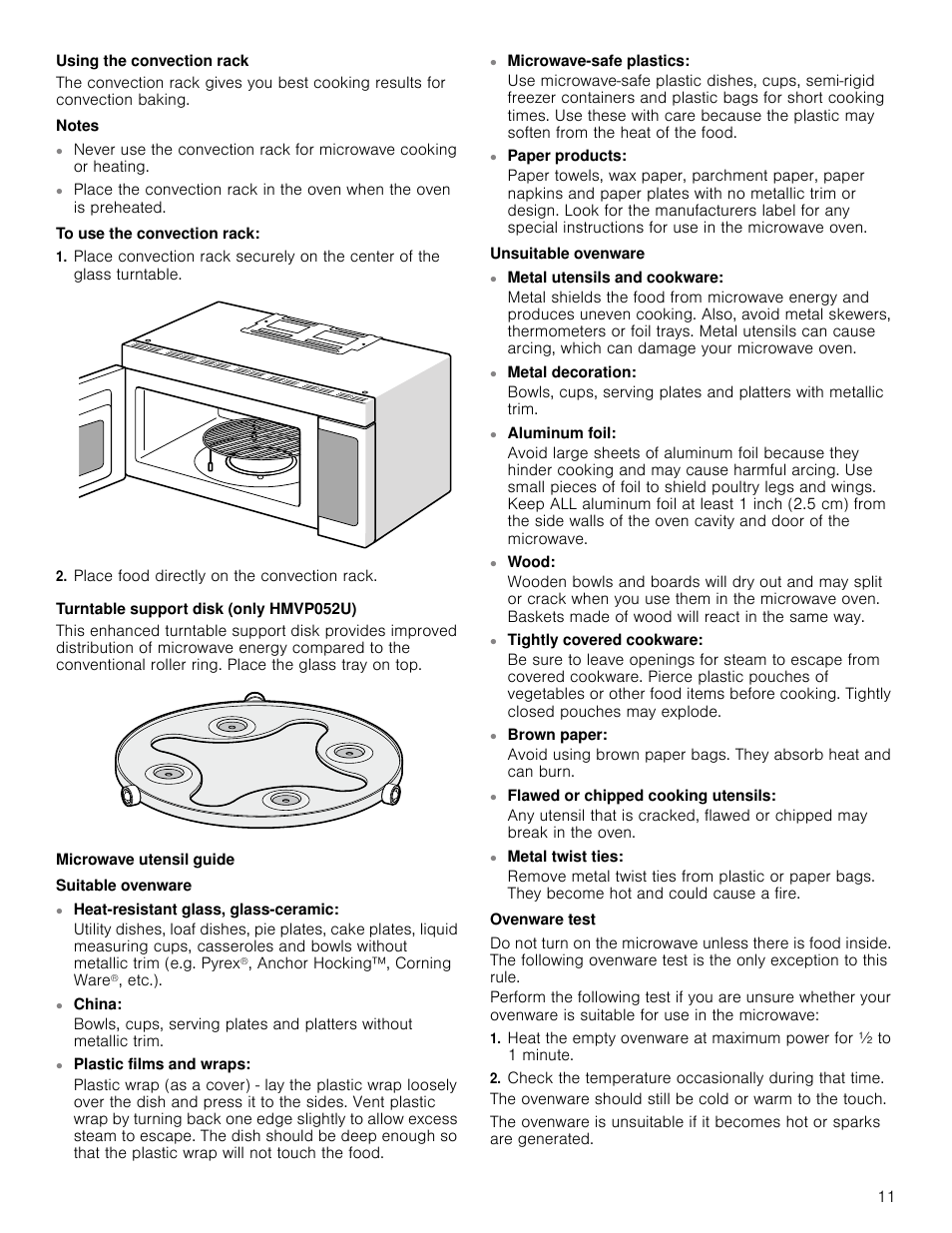 Using the convection rack, Notes, To use the convection rack | Place food directly on the convection rack, Turntable support disk (only hmvp052u), Microwave utensil guide, Suitable ovenware, China, Plastic films and wraps, Microwave-safe plastics | Bosch HMV8052U User Manual | Page 11 / 60