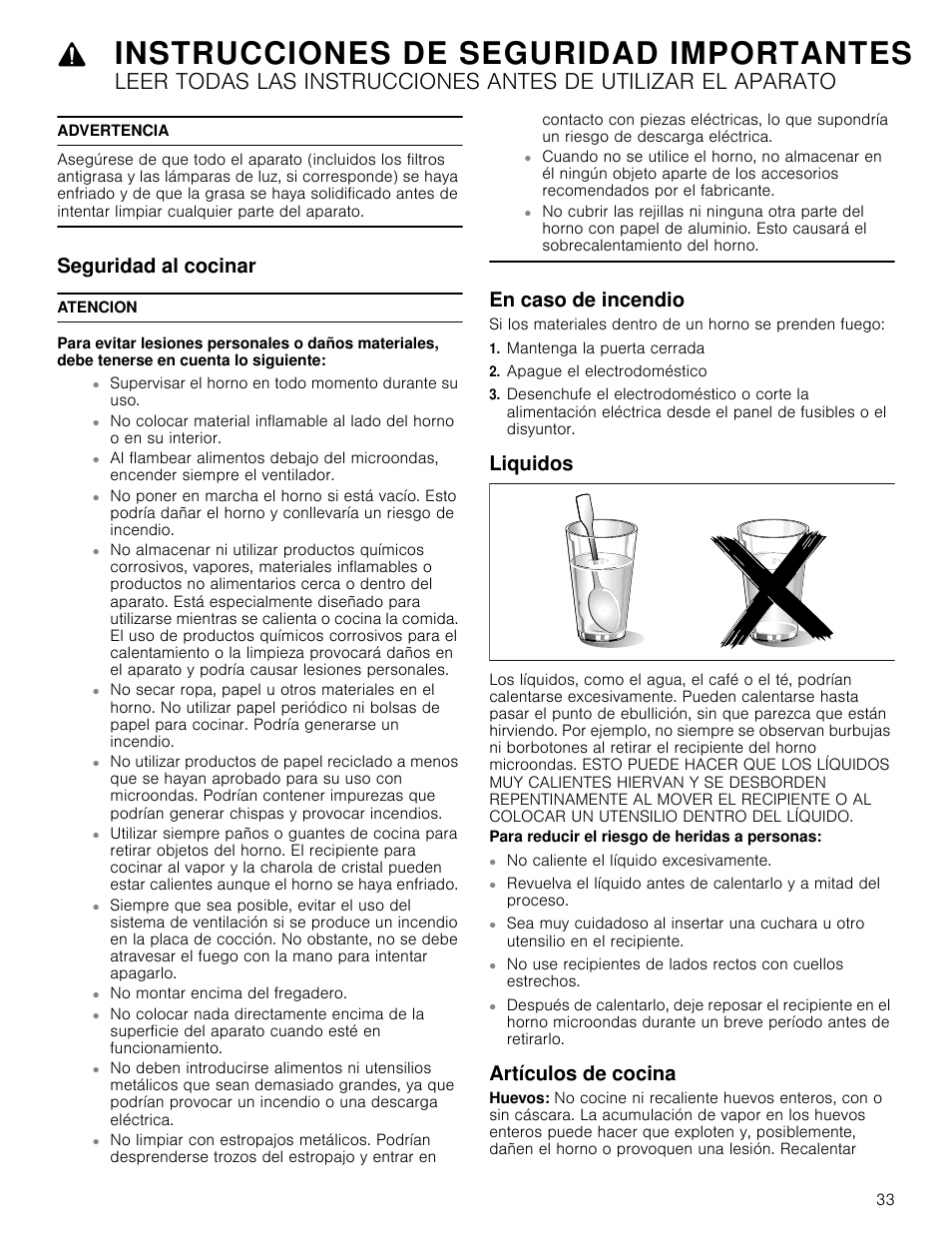Advertencia, Seguridad al cocinar, Atencion | En caso de incendio, Mantenga la puerta cerrada, Apague el electrodoméstico, Liquidos, Para reducir el riesgo de heridas a personas, Artículos de cocina, Instrucciones de seguridad importantes | Bosch HMV8052U User Manual | Page 33 / 60