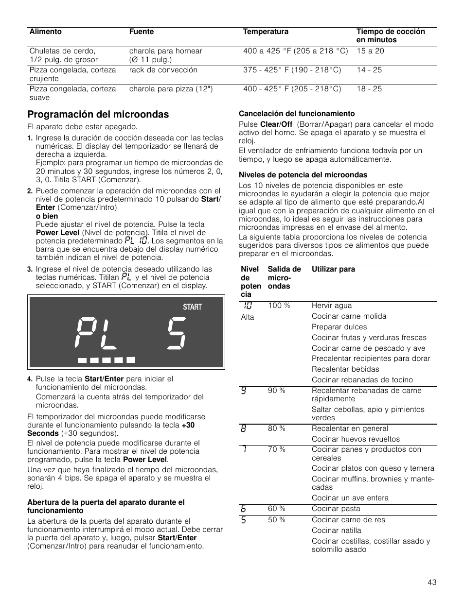 Programación del microondas, El aparato debe estar apagado, Cancelación del funcionamiento | Niveles de potencia del microondas | Bosch HMV8052U User Manual | Page 43 / 60