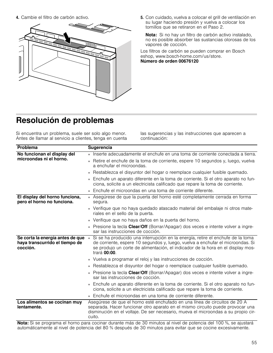 Cambie el filtro de carbón activo, Nota, Resolución de problemas | Bosch HMV8052U User Manual | Page 55 / 60