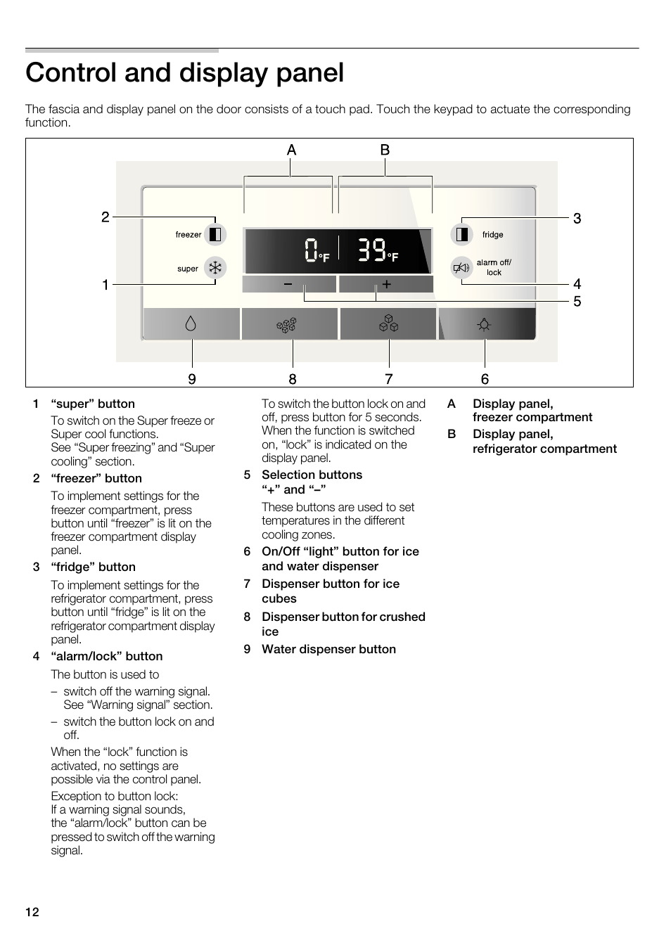 Control and display panel | Bosch B22CS30SNS User Manual | Page 12 / 76