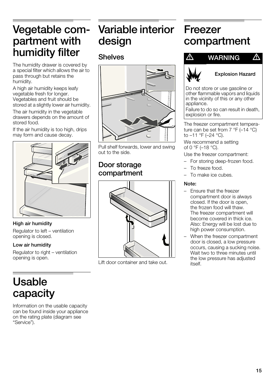 Vegetable com- partment with humidity filter, Usable capacity, Variable interior design | Freezer compartment, Shelves, Door storage compartment | Bosch B22CS30SNS User Manual | Page 15 / 76