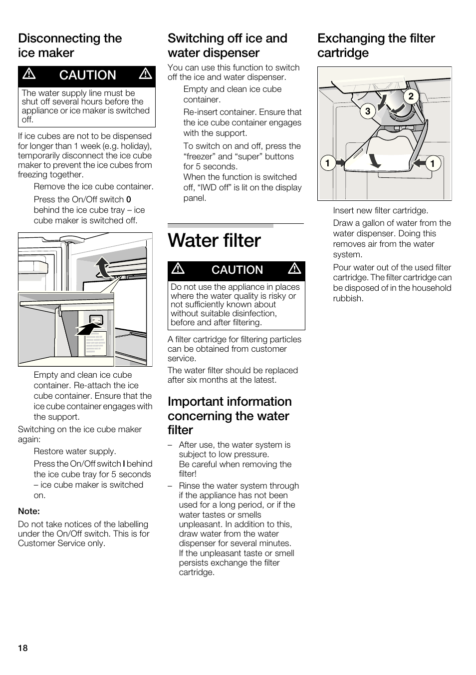 Water filter, Disconnecting the ice maker, Switching off ice and water dispenser | Important information concerning the water filter, Exchanging the filter cartridge, Caution | Bosch B22CS30SNS User Manual | Page 18 / 76