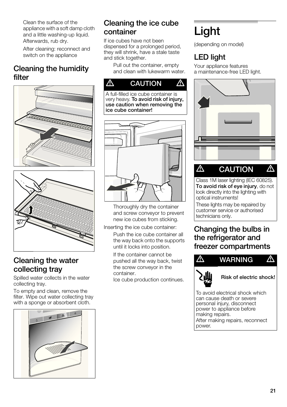 Light, Cleaning the ice cube container, Led light | Caution | Bosch B22CS30SNS User Manual | Page 21 / 76