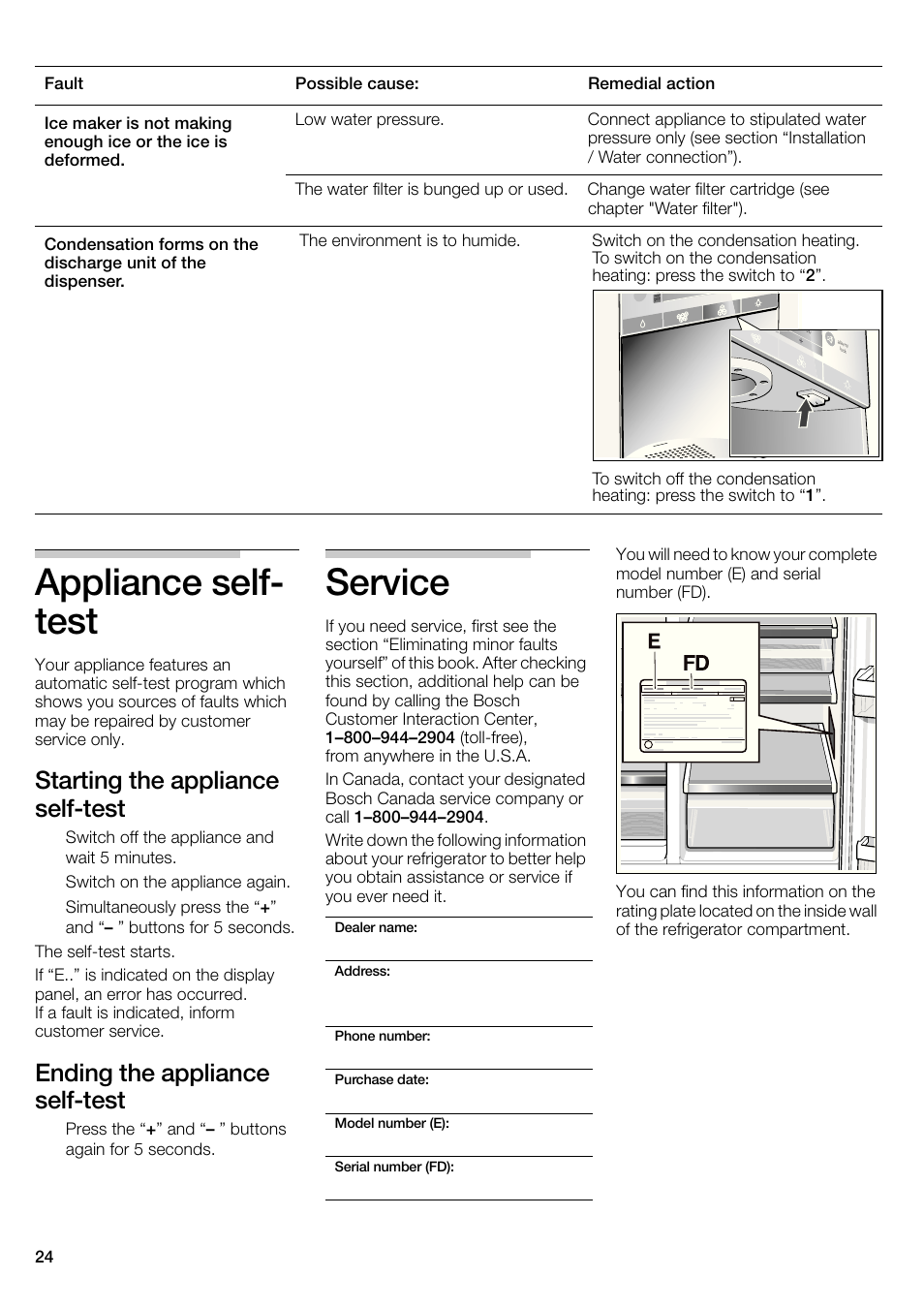 Appliance self- test, Service, Starting the appliance self-test | Ending the appliance self-test | Bosch B22CS30SNS User Manual | Page 24 / 76