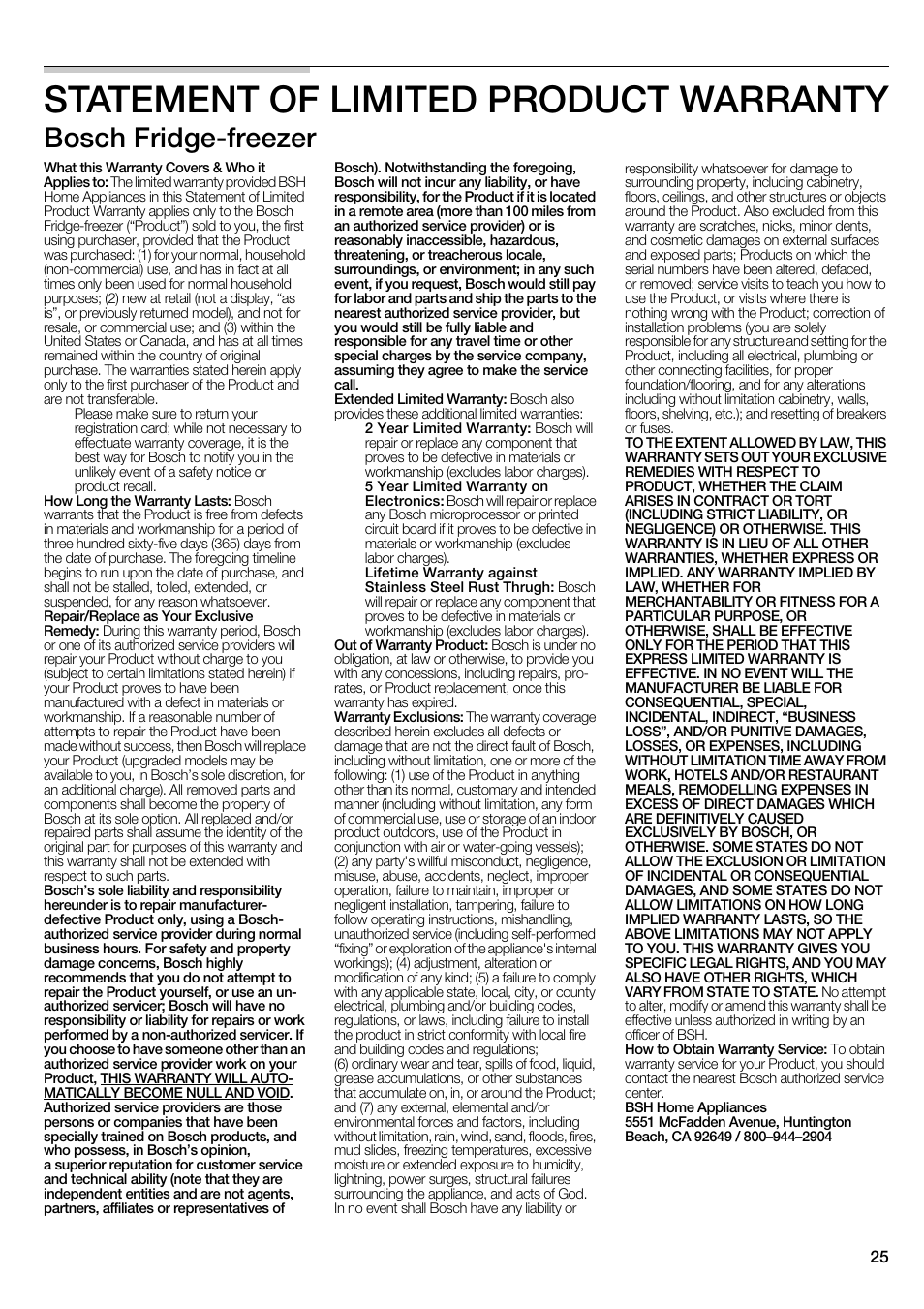 Statement of limited product warranty, Bosch fridge-freezer | Bosch B22CS30SNS User Manual | Page 25 / 76