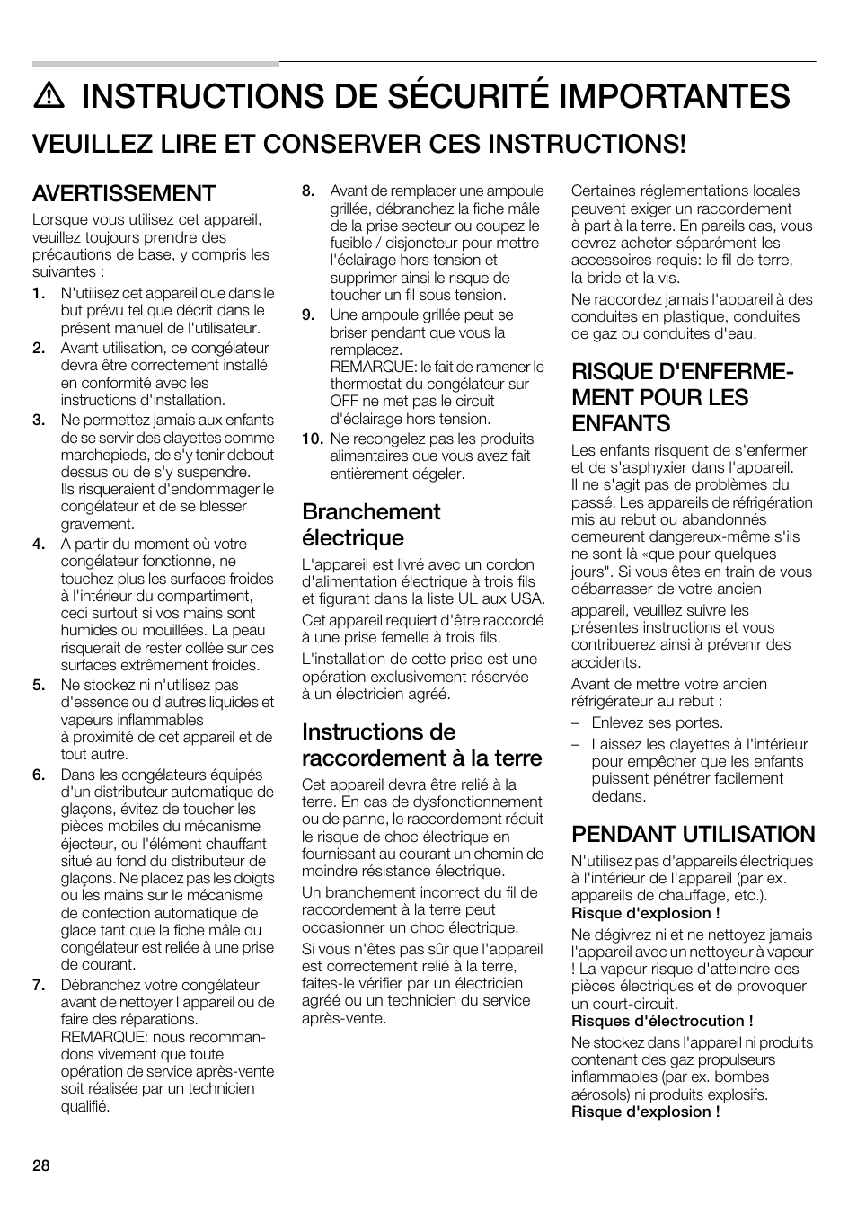 M instructions de sécurité importantes, Veuillez lire et conserver ces instructions, Avertissement | Branchement électrique, Instructions de raccordement à la terre, Risque d'enferme- ment pour les enfants, Pendant utilisation | Bosch B22CS30SNS User Manual | Page 28 / 76