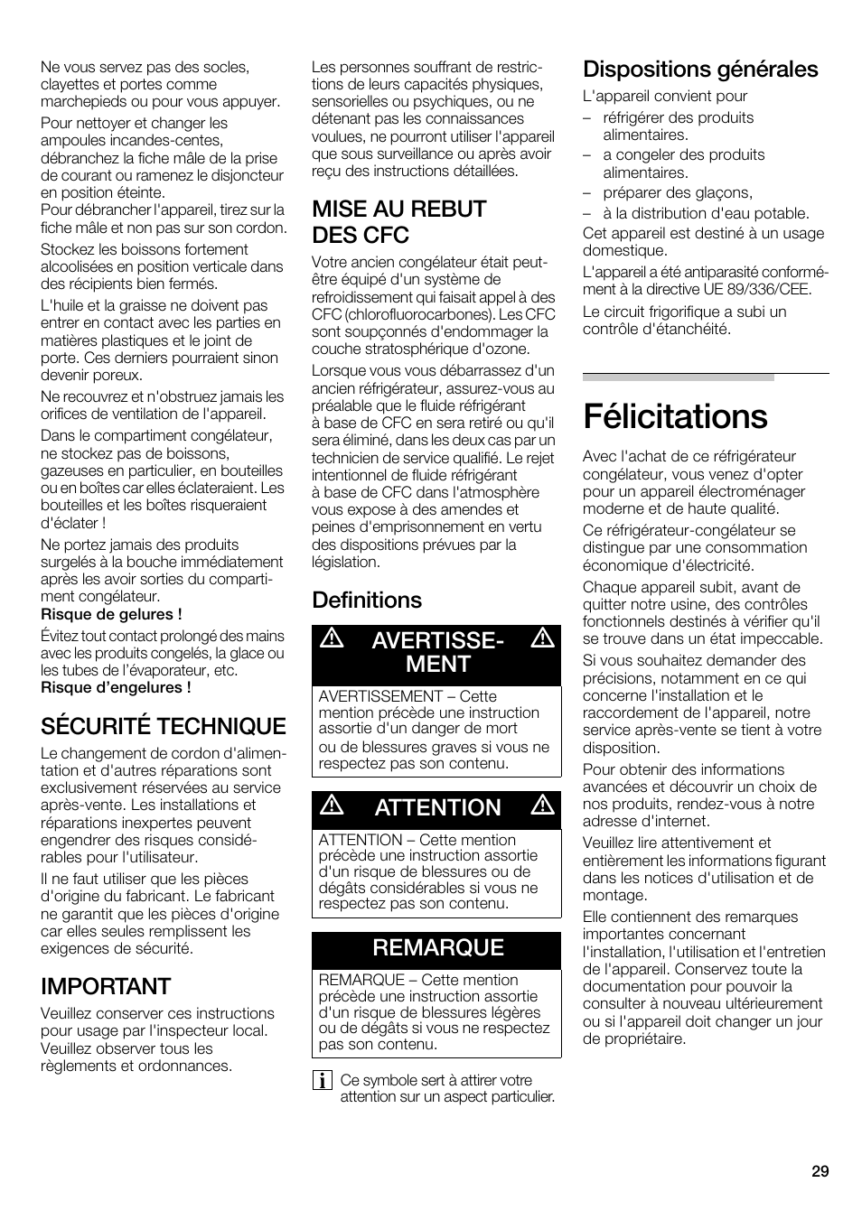 Félicitations, Sécurité technique, Important | Mise au rebut des cfc, Definitions, Dispositions générales, Avertisse- ment, Attention, Remarque | Bosch B22CS30SNS User Manual | Page 29 / 76