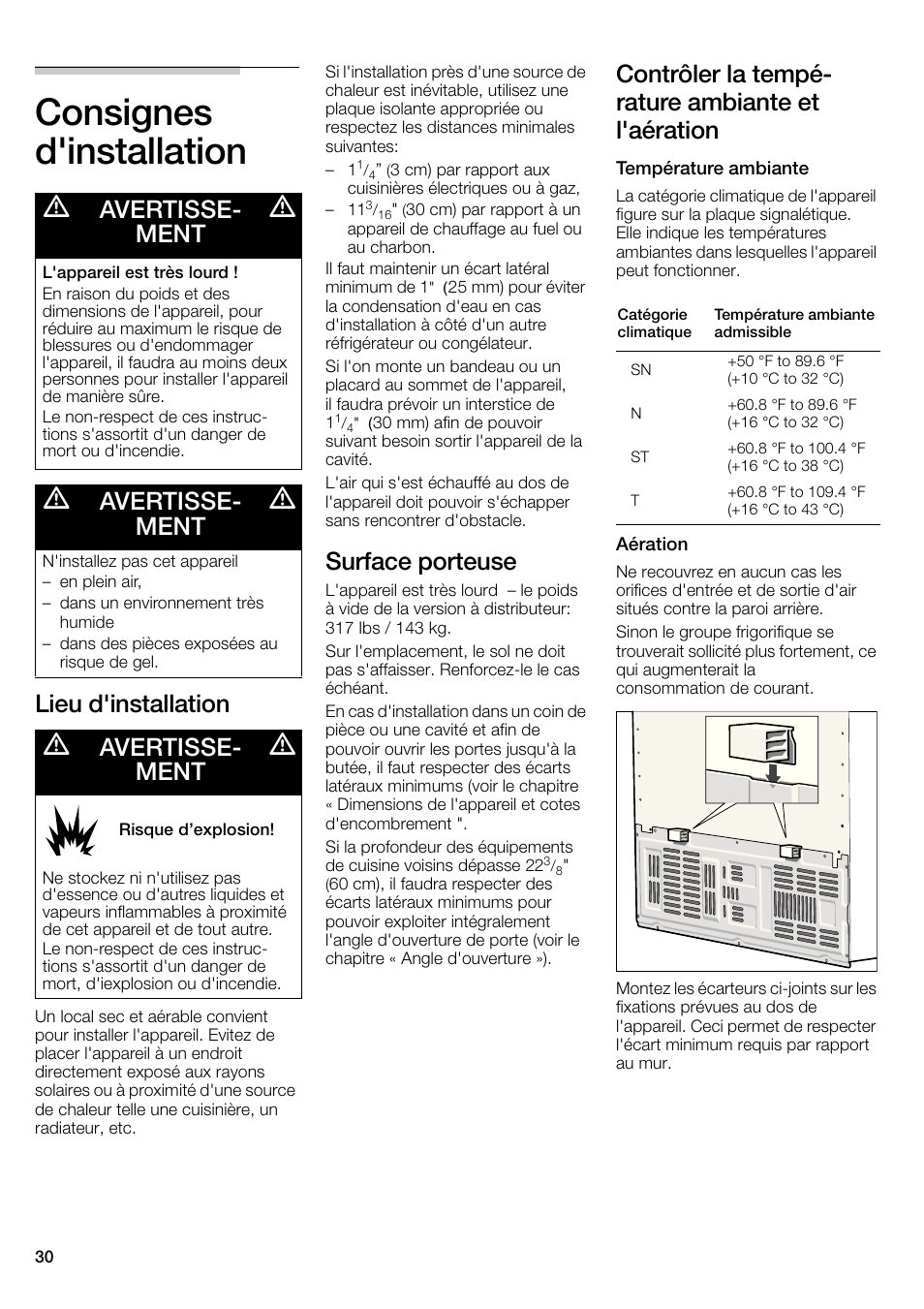 Consignes d'installation, Lieu d'installation, Surface porteuse | Contrôler la tempé- rature ambiante et l'aération, Avertisse- ment | Bosch B22CS30SNS User Manual | Page 30 / 76