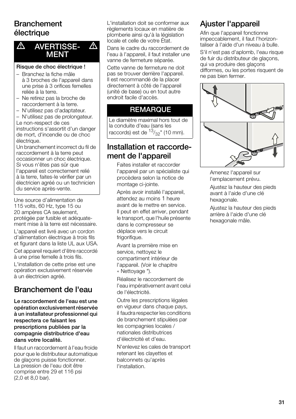 Branchement électrique, Branchement de l'eau, Installation et raccorde- ment de l'appareil | Ajuster l'appareil, Avertisse- ment, Remarque | Bosch B22CS30SNS User Manual | Page 31 / 76