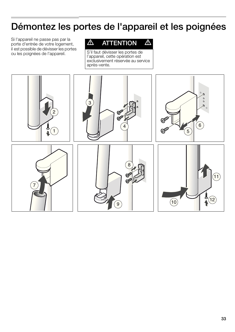 Démontez les portes de l'appareil et les poignées, Attention | Bosch B22CS30SNS User Manual | Page 33 / 76
