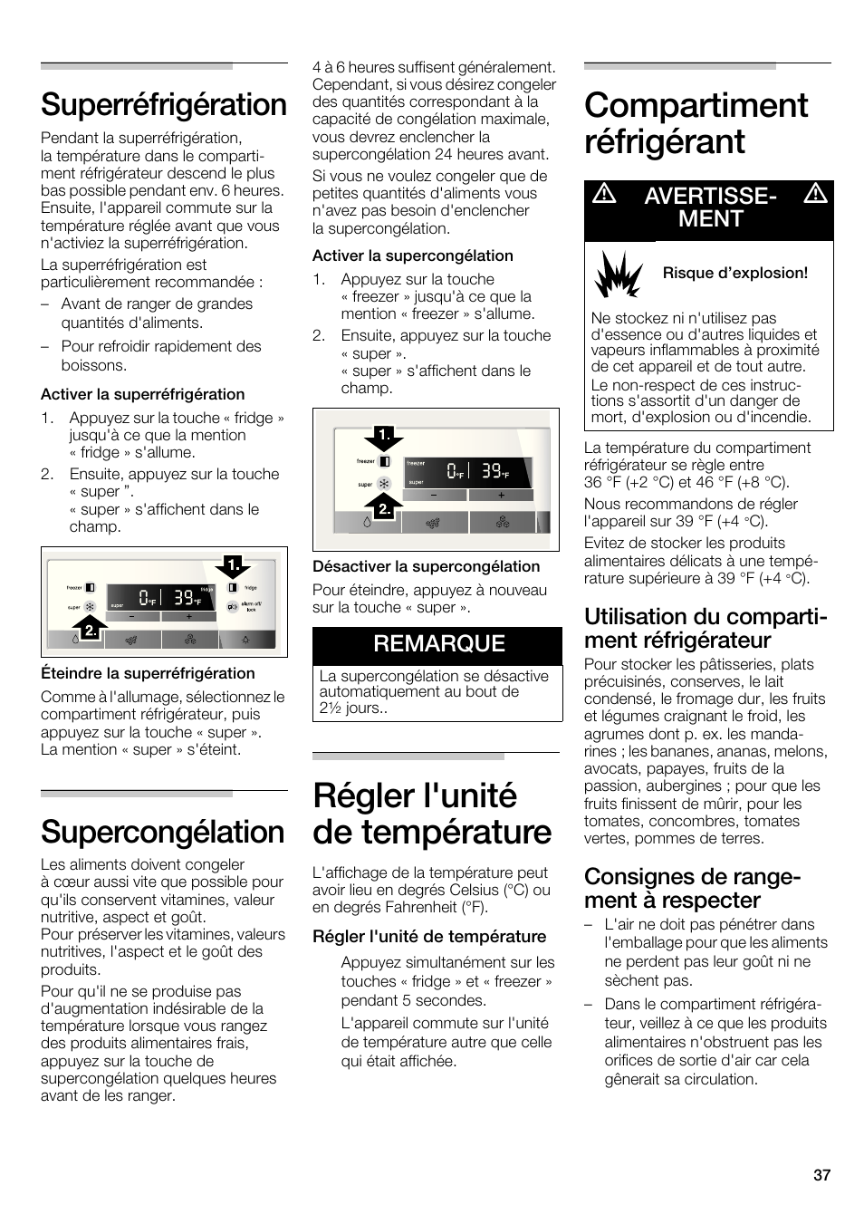 Régler l'unité de température, Compartiment réfrigérant, Superréfrigération | Supercongélation, Utilisation du comparti- ment réfrigérateur, Consignes de range- ment à respecter, Remarque, Avertisse- ment | Bosch B22CS30SNS User Manual | Page 37 / 76