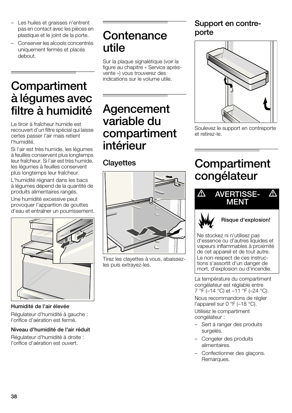 Compartiment à légumes avec filtre à humidité, Contenance utile, Agencement variable du compartiment intérieur | Compartiment congélateur, Clayettes, Support en contre- porte, Avertisse- ment | Bosch B22CS30SNS User Manual | Page 38 / 76