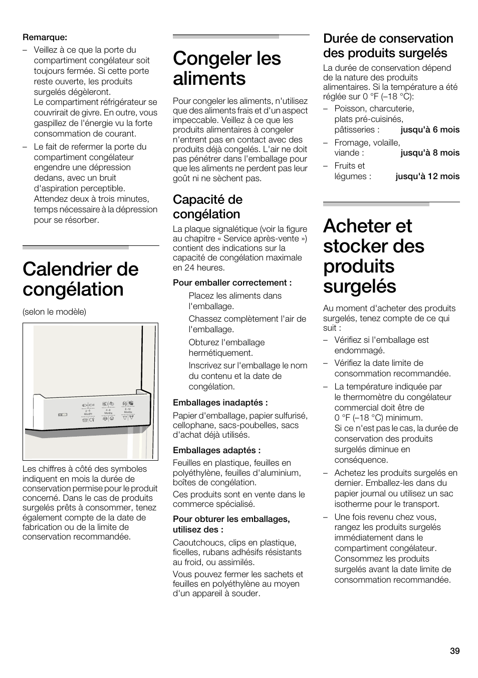 Calendrier de congélation, Congeler les aliments, Acheter et stocker des produits surgelés | Capacité de congélation, Durée de conservation des produits surgelés | Bosch B22CS30SNS User Manual | Page 39 / 76