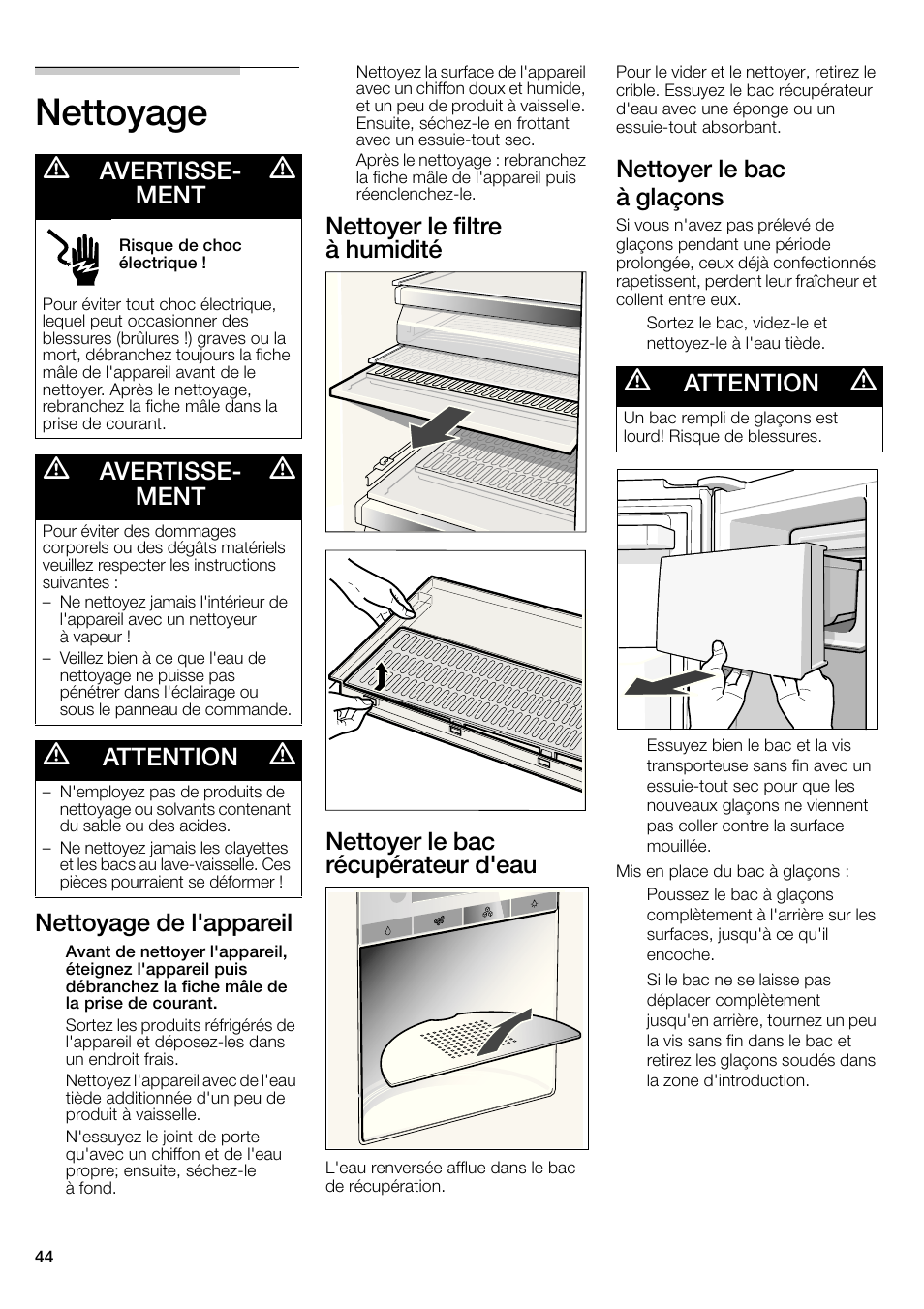 Nettoyage, Nettoyage de l'appareil, Nettoyer le bac à glaçons | Avertisse- ment, Attention | Bosch B22CS30SNS User Manual | Page 44 / 76