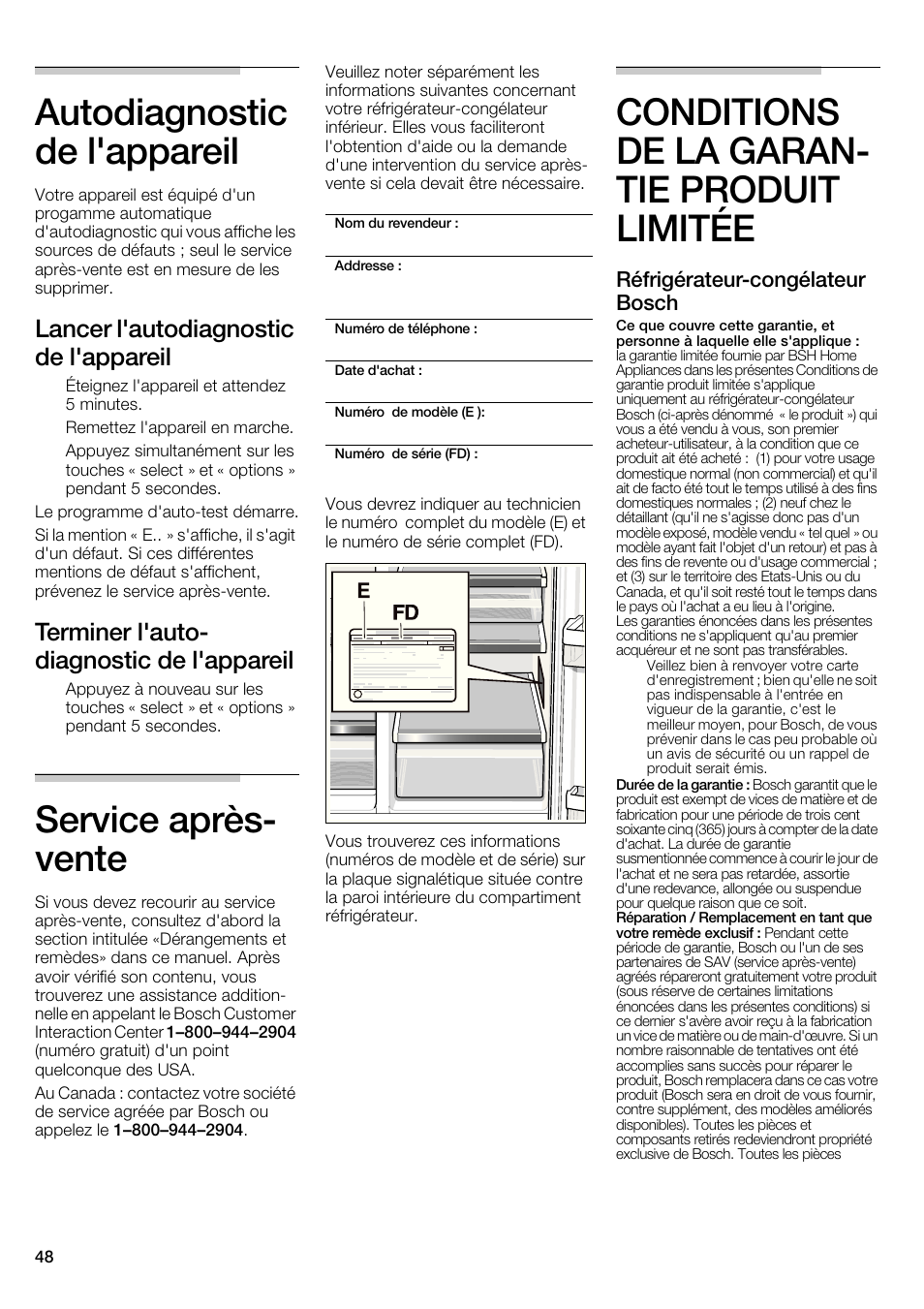 Autodiagnostic de l'appareil, Service après- vente, Conditions de la garan- tie produit limitée | Lancer l'autodiagnostic de l'appareil, Terminer l'auto- diagnostic de l'appareil, Réfrigérateur-congélateur bosch | Bosch B22CS30SNS User Manual | Page 48 / 76
