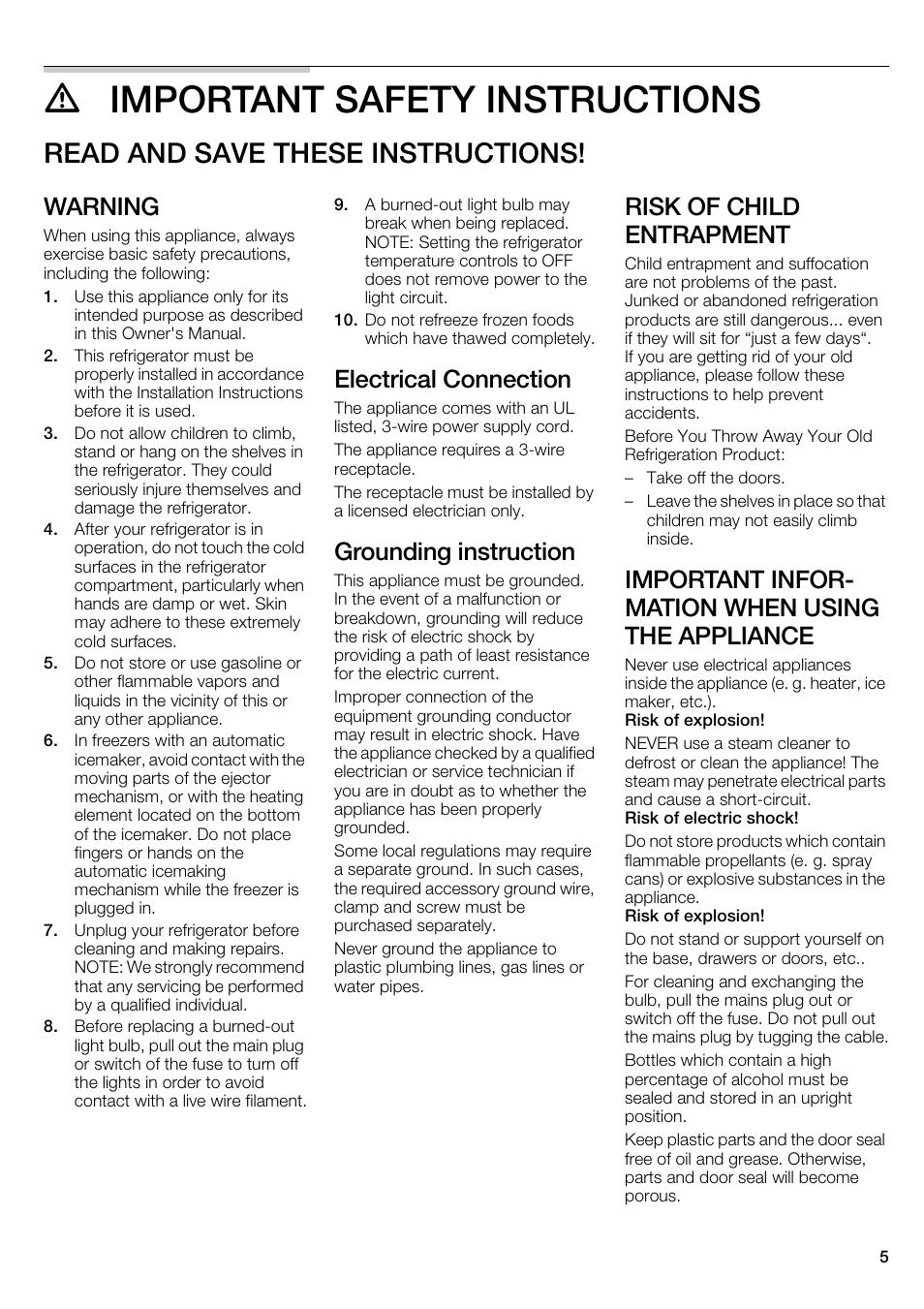 M important safety instructions, Read and save these instructions, Warning | Electrical connection, Grounding instruction, Risk of child entrapment, Important infor- mation when using the appliance | Bosch B22CS30SNS User Manual | Page 5 / 76