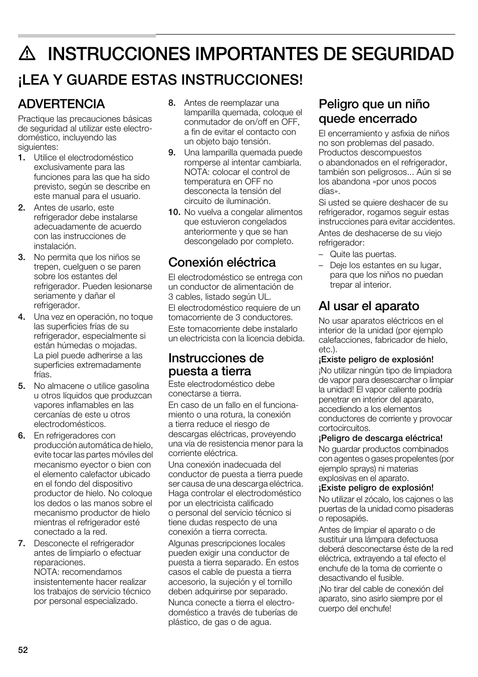 M instrucciones importantes de seguridad, Lea y guarde estas instrucciones, Advertencia | Conexión eléctrica, Instrucciones de puesta a tierra, Peligro que un niño quede encerrado, Al usar el aparato | Bosch B22CS30SNS User Manual | Page 52 / 76