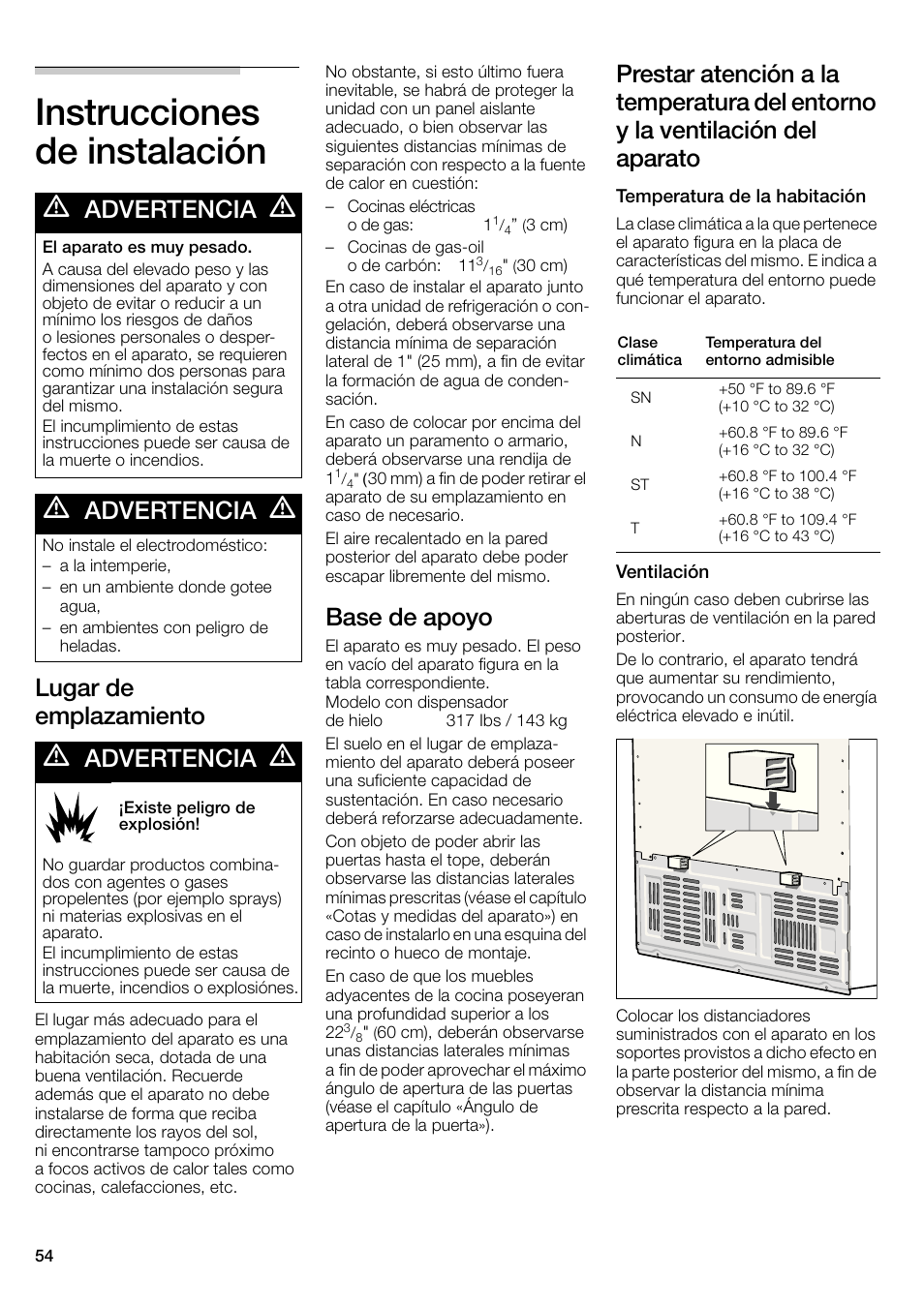 Instrucciones de instalación, Lugar de emplazamiento, Base de apoyo | Advertencia | Bosch B22CS30SNS User Manual | Page 54 / 76