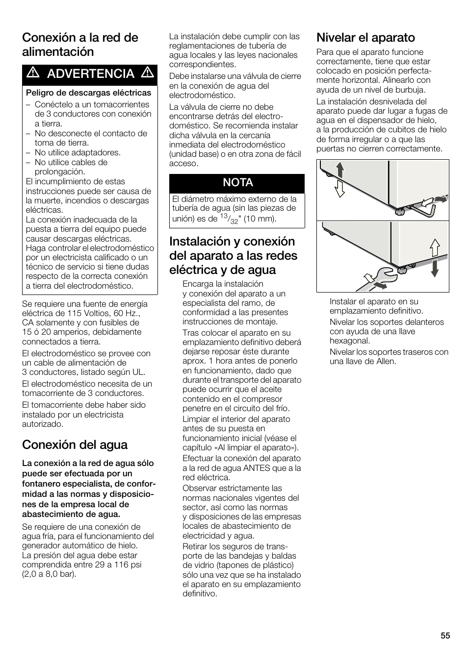 Conexión a la red de alimentación, Conexión del agua, Nivelar el aparato | Advertencia, Nota | Bosch B22CS30SNS User Manual | Page 55 / 76