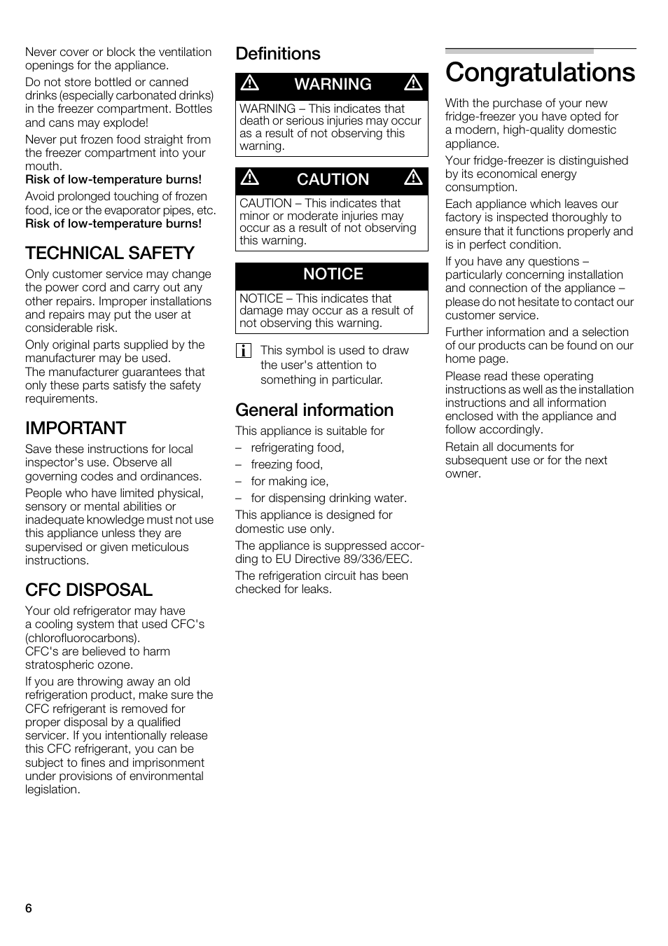 Technical safety, Important, Cfc disposal | Definitions, General information, Warning, Caution, Notice | Bosch B22CS30SNS User Manual | Page 6 / 76