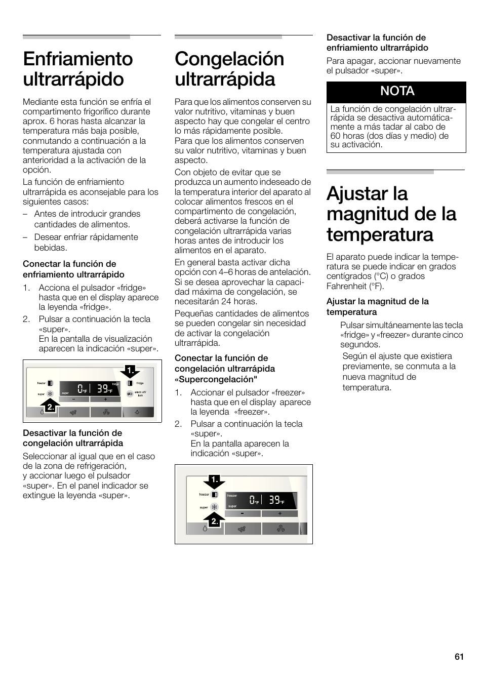 Enfriamiento ultrarrápido, Congelación ultrarrápida, Ajustar la magnitud de la temperatura | Nota | Bosch B22CS30SNS User Manual | Page 61 / 76