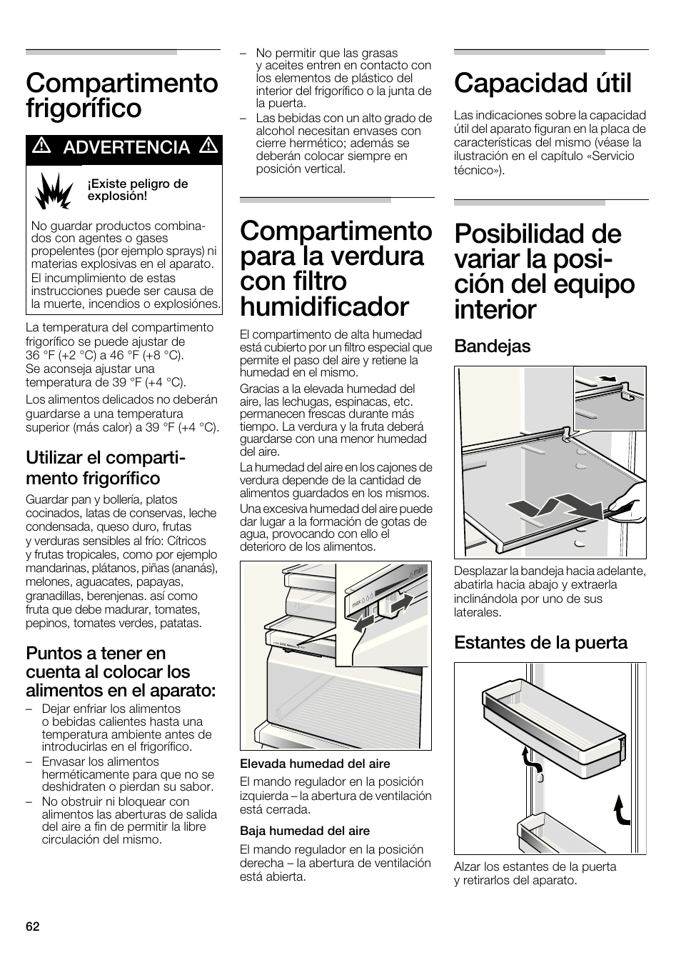 Compartimento frigorífico, Capacidad útil, Utilizar el comparti- mento frigorífico | Bandejas, Estantes de la puerta, Advertencia | Bosch B22CS30SNS User Manual | Page 62 / 76