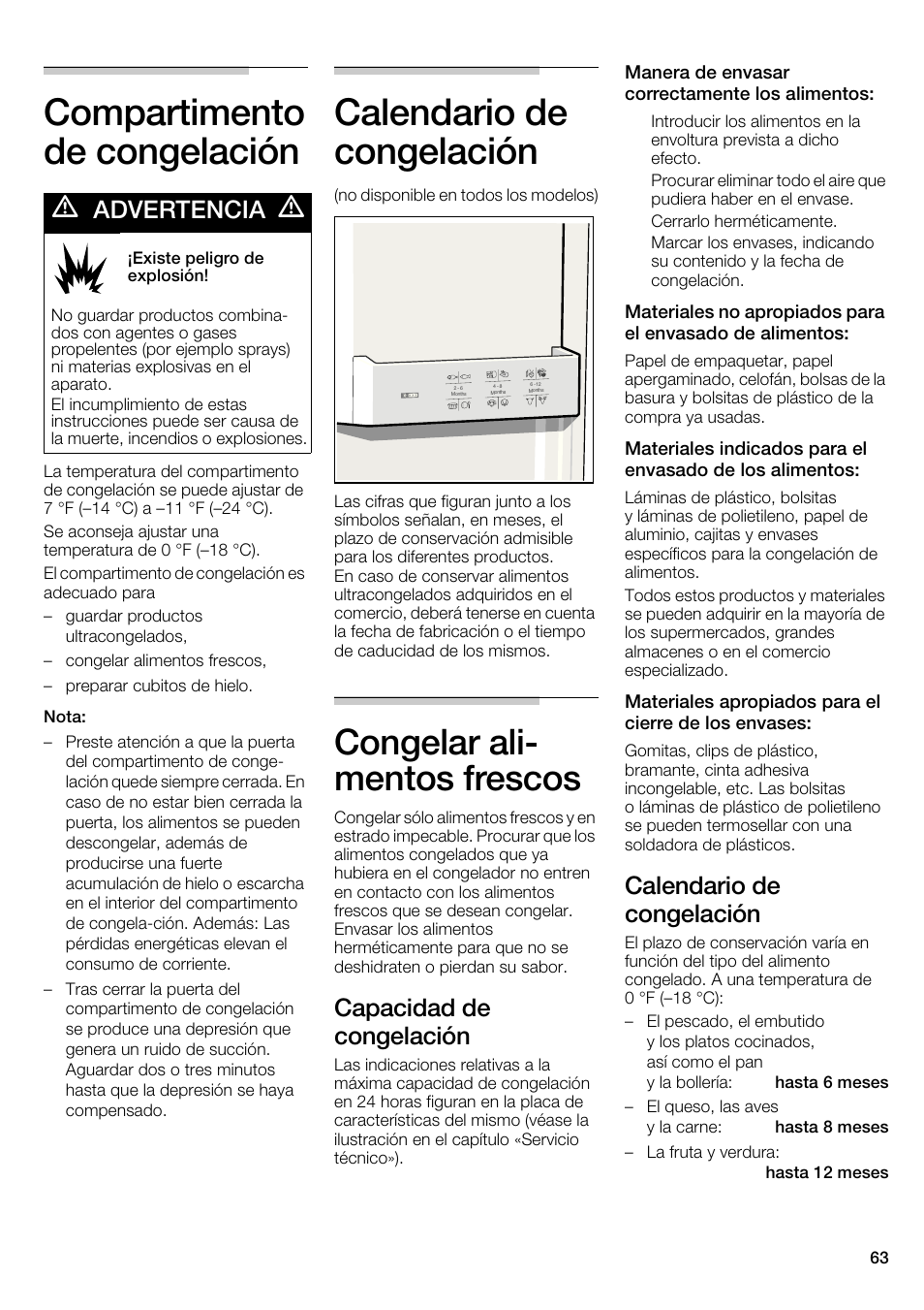 Compartimento de congelación, Calendario de congelación, Congelar ali- mentos frescos | Capacidad de congelación, Advertencia | Bosch B22CS30SNS User Manual | Page 63 / 76