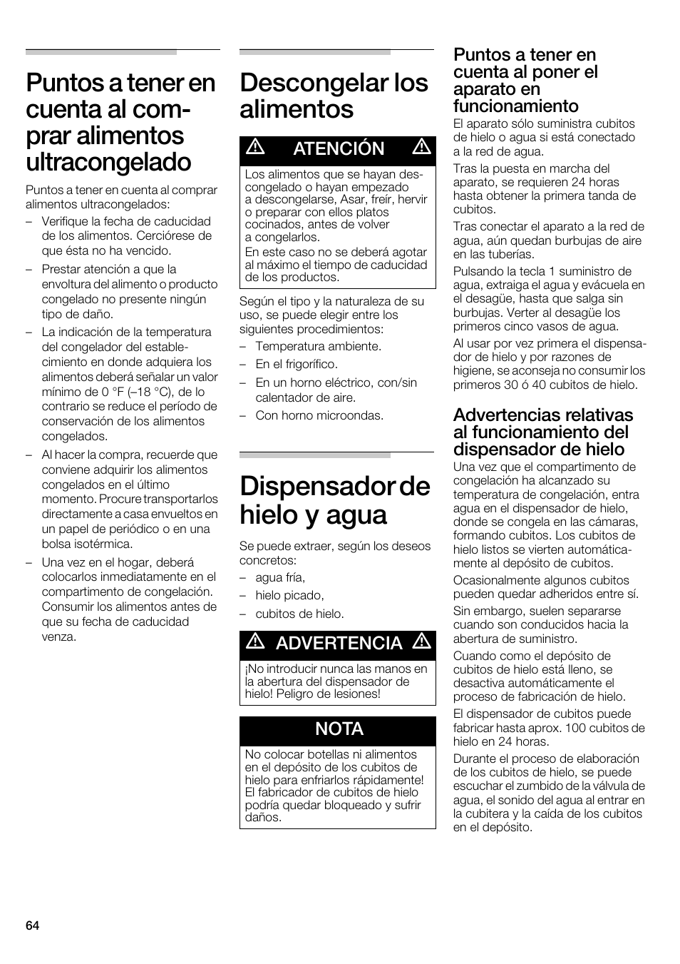 Dispensador de hielo y agua, Descongelar los alimentos, Atención | Advertencia, Nota | Bosch B22CS30SNS User Manual | Page 64 / 76