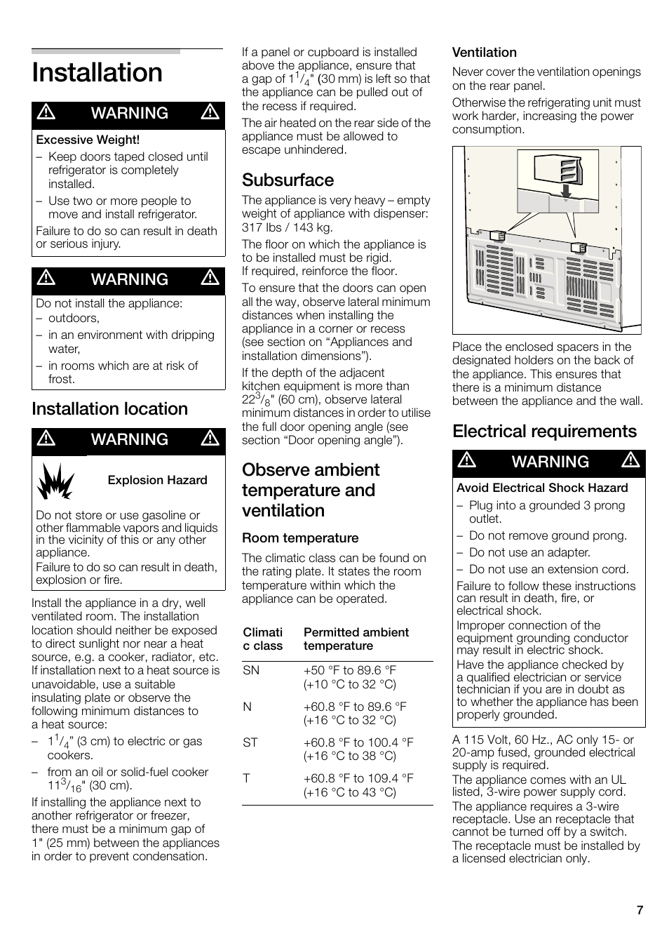 Installation, Installation location, Subsurface | Observe ambient temperature and ventilation, Electrical requirements, Warning | Bosch B22CS30SNS User Manual | Page 7 / 76