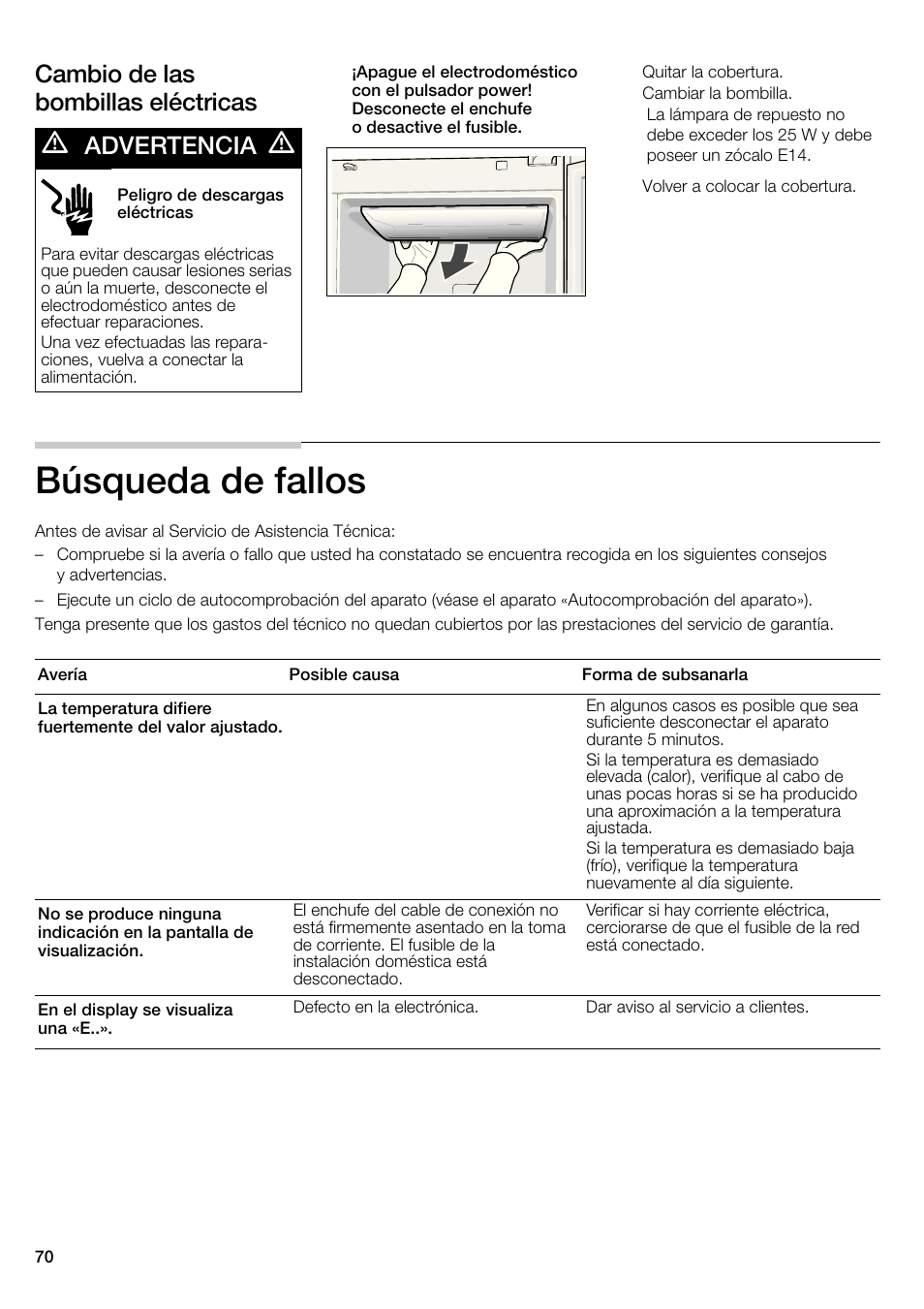 Búsqueda de fallos, Cambio de las bombillas eléctricas, Advertencia | Bosch B22CS30SNS User Manual | Page 70 / 76