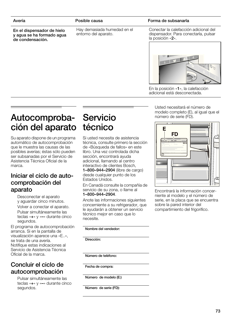 Autocomproba- ción del aparato, Servicio técnico, Iniciar el ciclo de auto- comprobación del aparato | Concluir el ciclo de autocomprobación | Bosch B22CS30SNS User Manual | Page 73 / 76