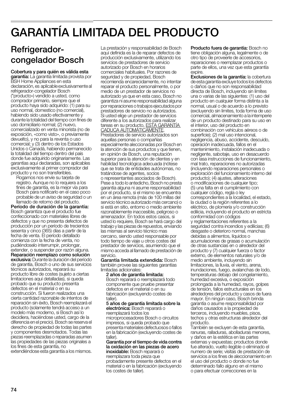 Garantía limitada del producto, Refrigerador- congelador bosch | Bosch B22CS30SNS User Manual | Page 74 / 76