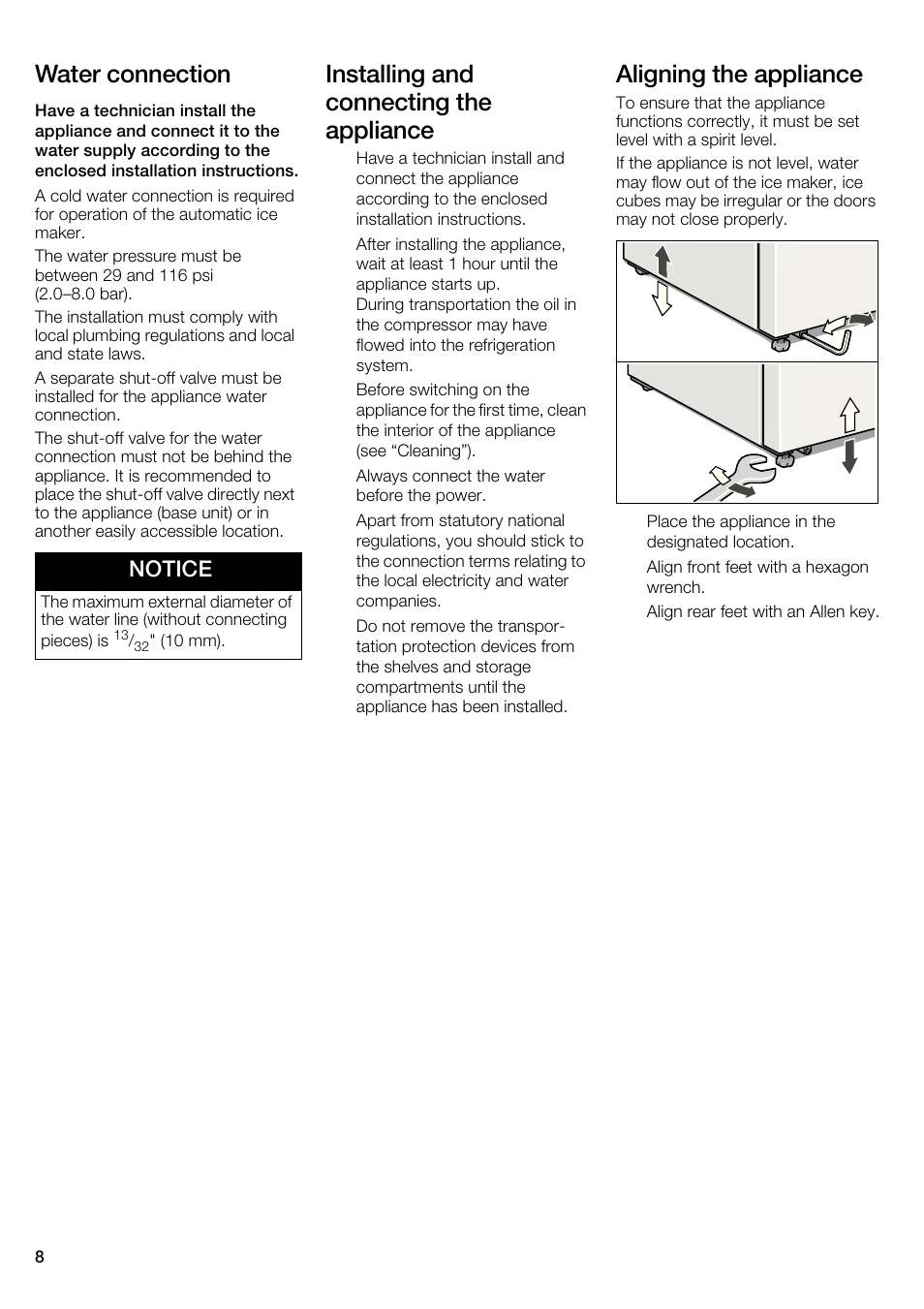 Water connection, Installing and connecting the appliance, Aligning the appliance | Notice | Bosch B22CS30SNS User Manual | Page 8 / 76