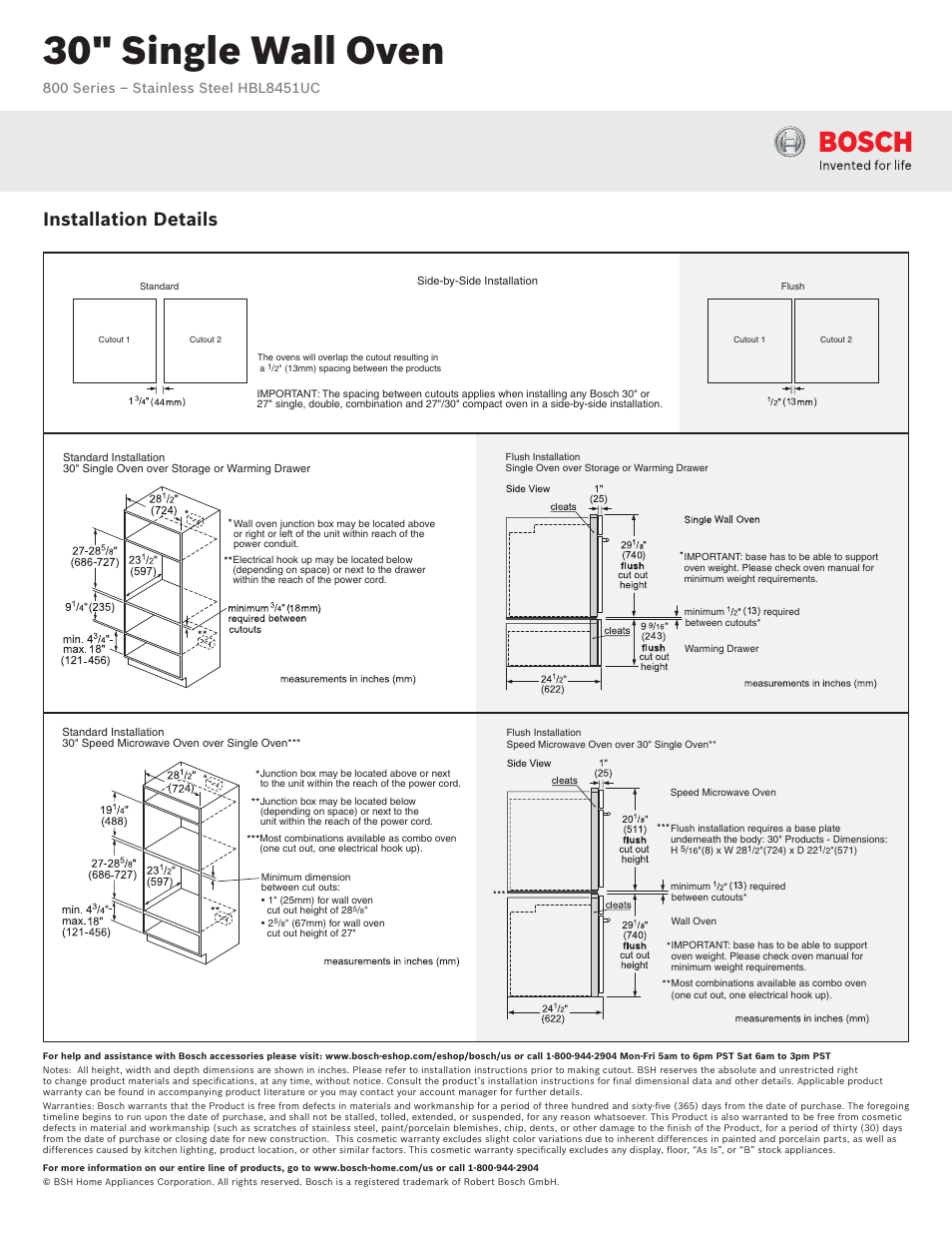 30" single wall oven, Installation details | Bosch HBL8451UC User Manual | Page 3 / 3